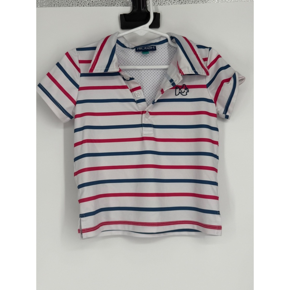 PRODOH Boys Polo Shirt 2T White Red Blue Striped Fishing Nautical Preppy UPF 50+